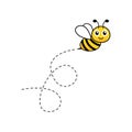 Cartoon bee icon. Bee flying on a dotted route isolated on the white background.